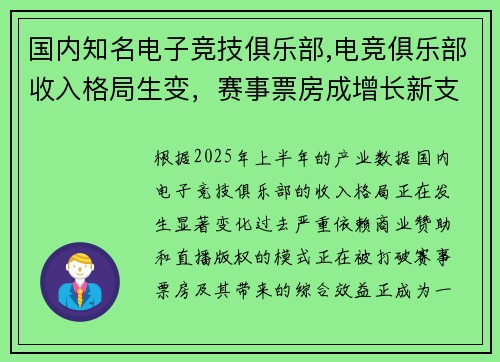 国内知名电子竞技俱乐部,电竞俱乐部收入格局生变，赛事票房成增长新支点